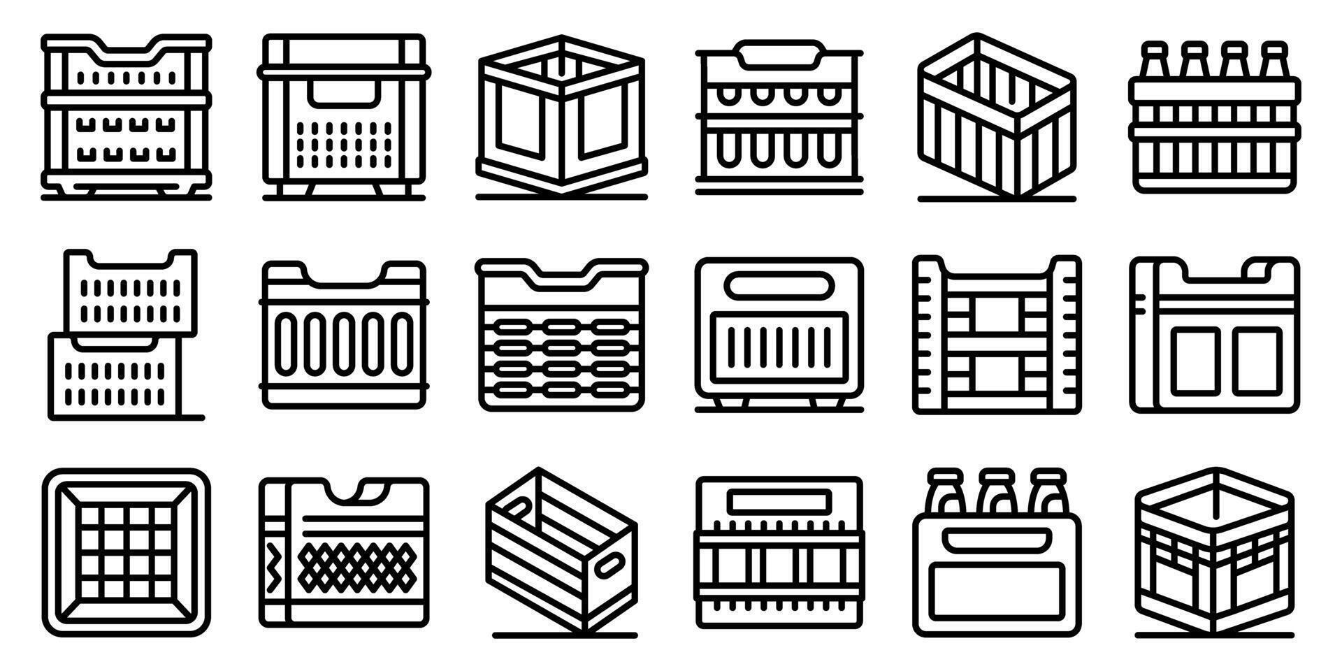 Plastic crate box icons set. Plastic and wooden storage crates for bottles, groceries, and goods delivering vector