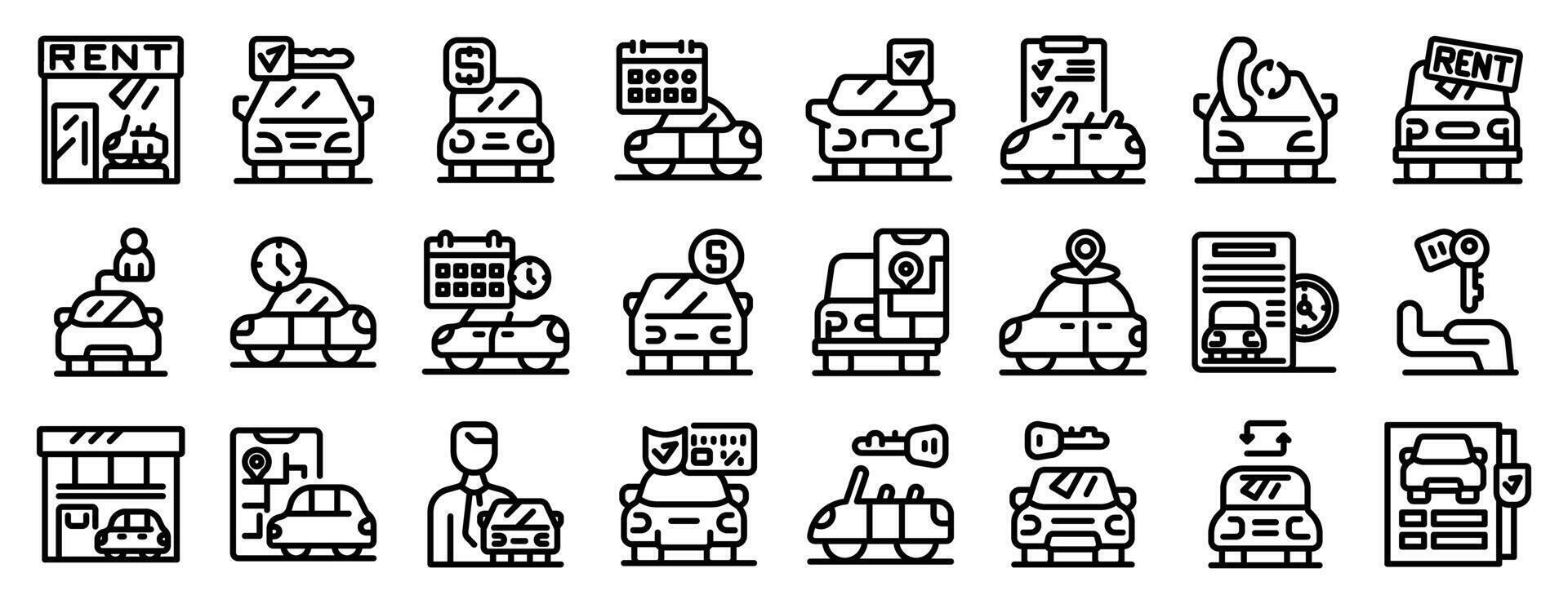 Rental car icons set. Car rental service offering various options for renting vehicles with checklists, calendars, and keys vector