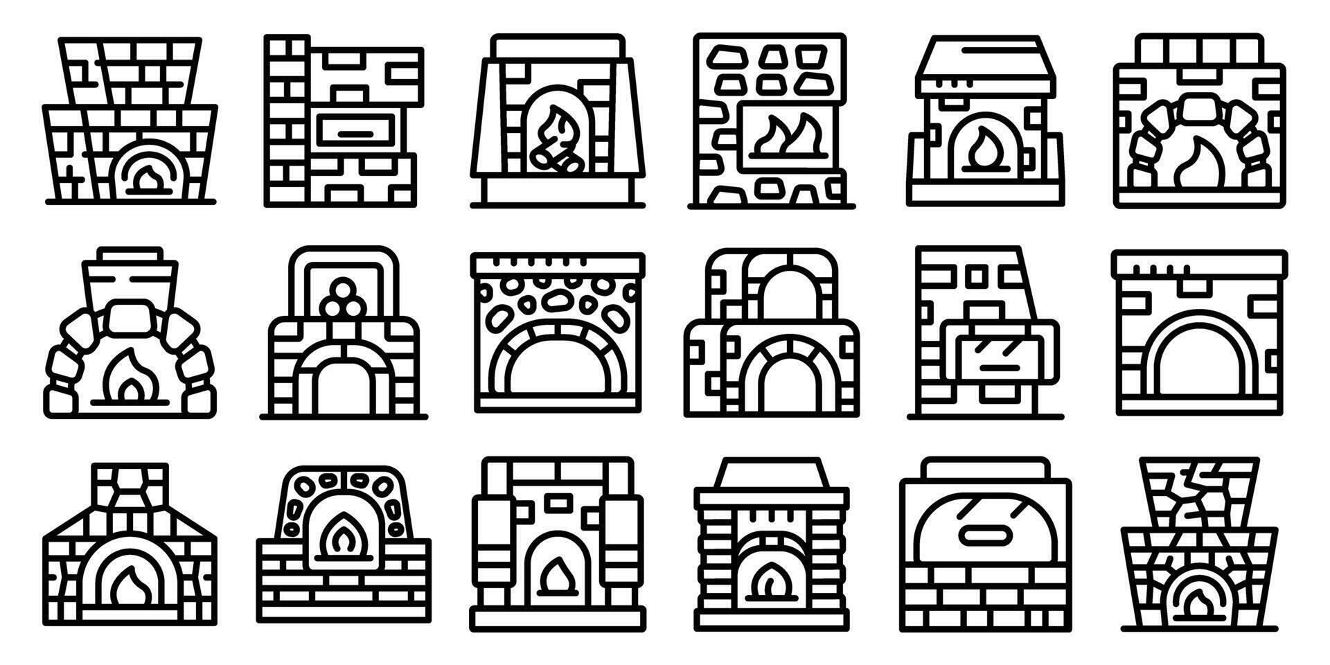 Stone stove icons set. Brick fireplaces burning with cozy firewood flames, collection of masonry heaters and traditional home furnaces vector