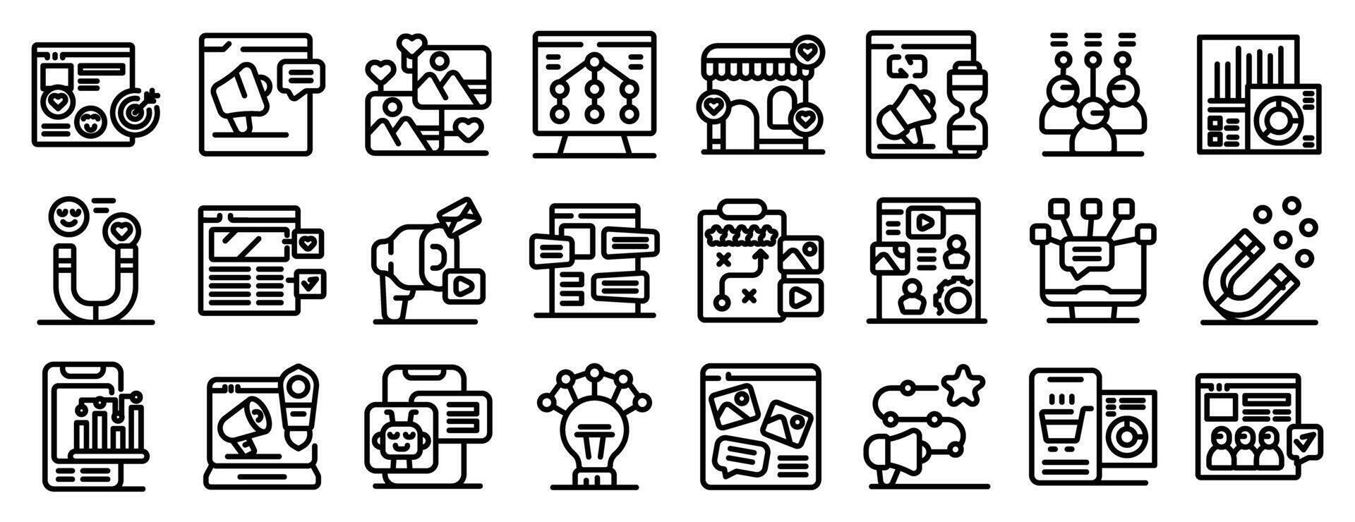 Smm strategy icons set. Social media marketing strategy engaging target audience with content and achieving business goals vector