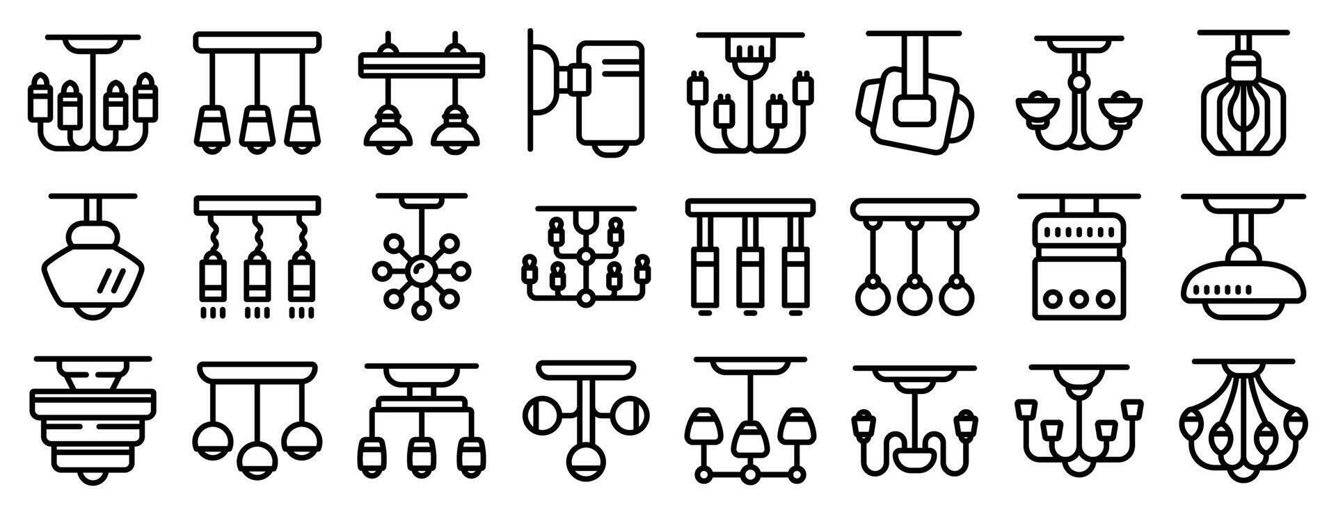 Ceiling chandelier icons set. Ceiling lamps hanging providing light in different styles and shapes vector