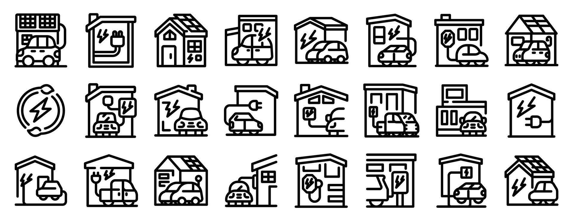 Home charging icons set. Home electric vehicle charging stations with solar panels, promoting sustainable transportation vector