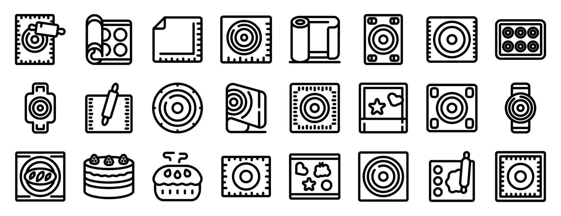 Baking mat icons set. Baking mats, rolling pins, and cakes, essential tools and treats for delicious baking adventures vector