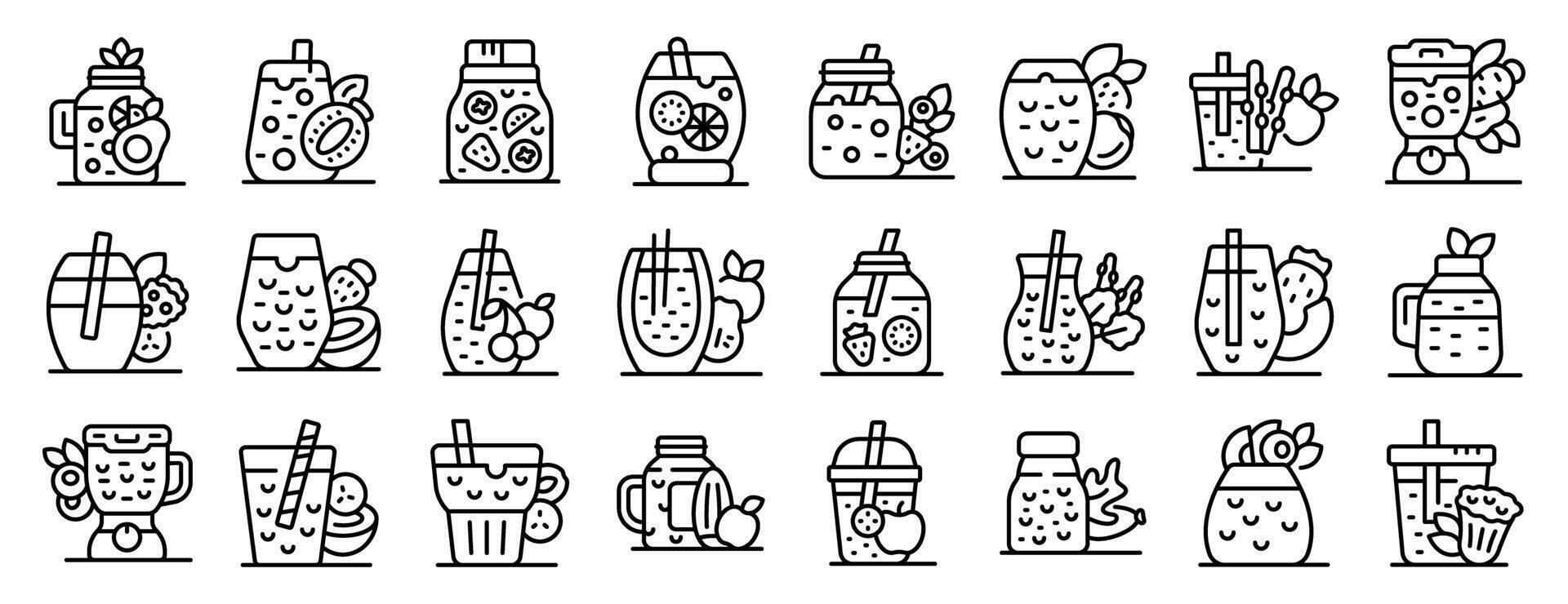Healthy detox smoothie icons set. Smoothie icons set, fresh fruit blends in various glasses and jars vector