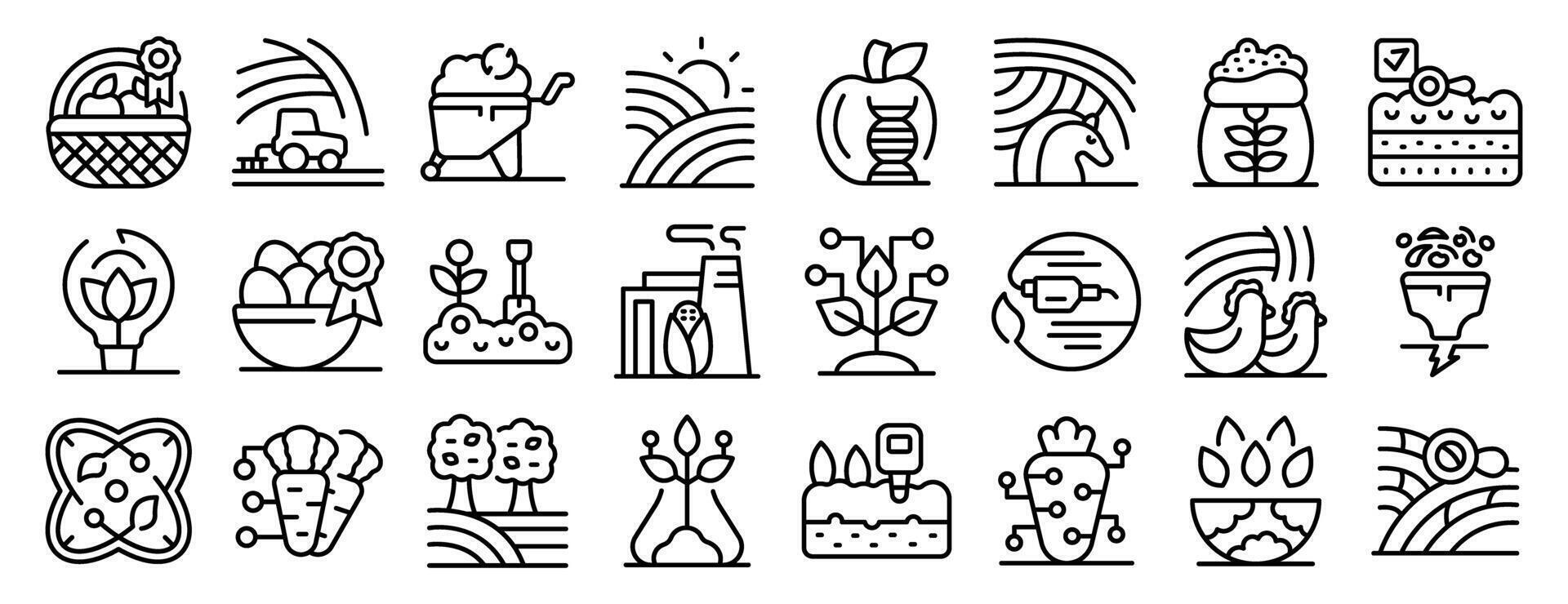 Agroecology icons set. Smart farming and agriculture technology enhancing crop growth and yield vector