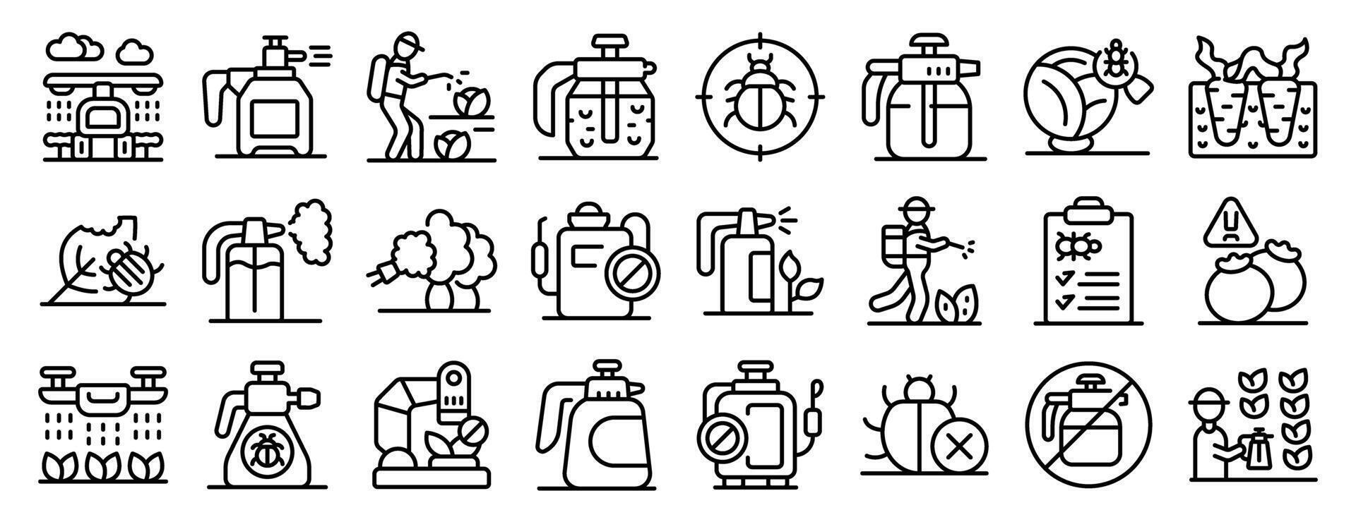Pesticides icons set. Farmers spraying insecticide and pesticide protecting crops from pests vector