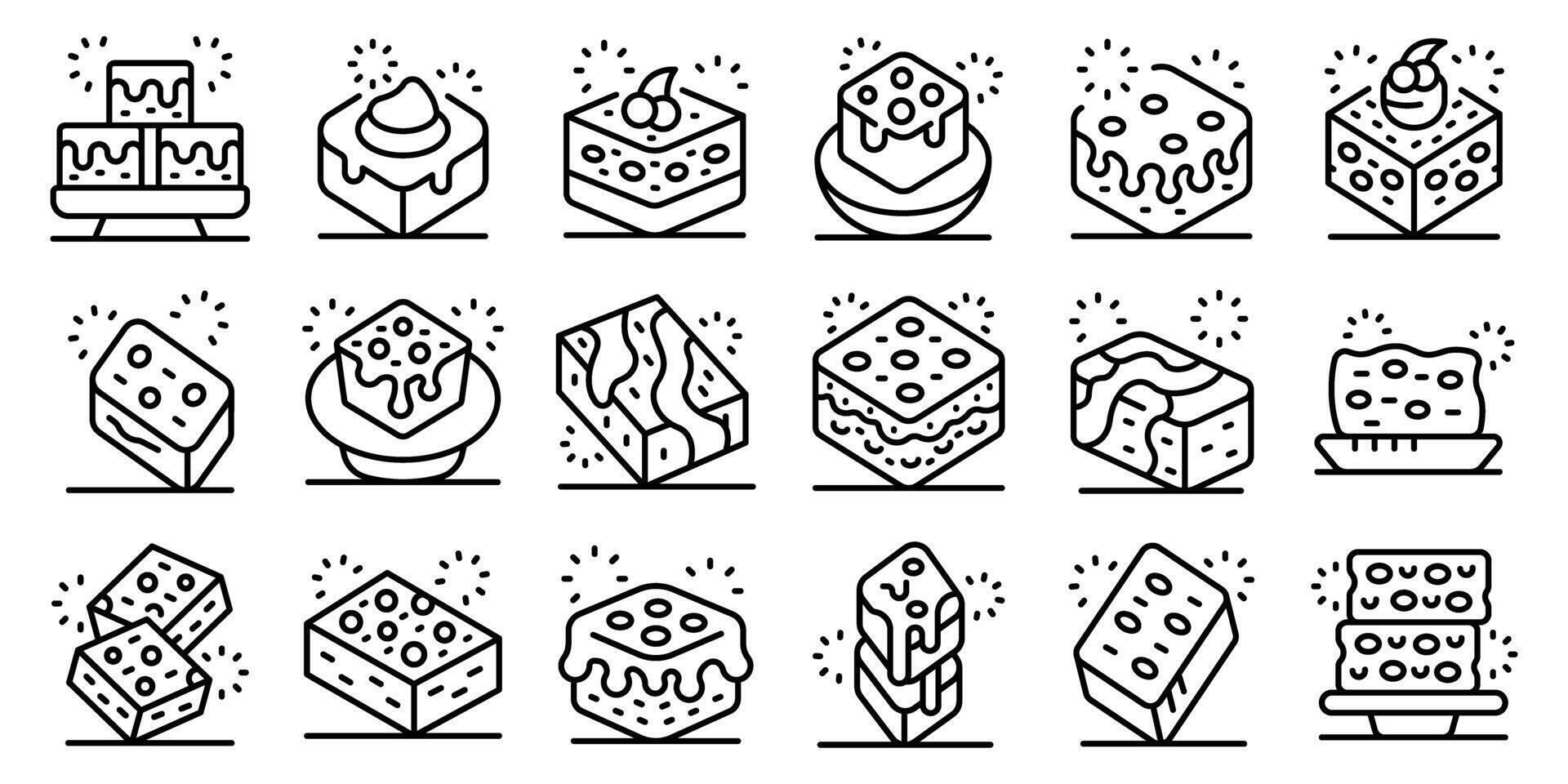 Brownie icons set. Delicious brownie cubes with festive fireworks celebrating sweet delights vector