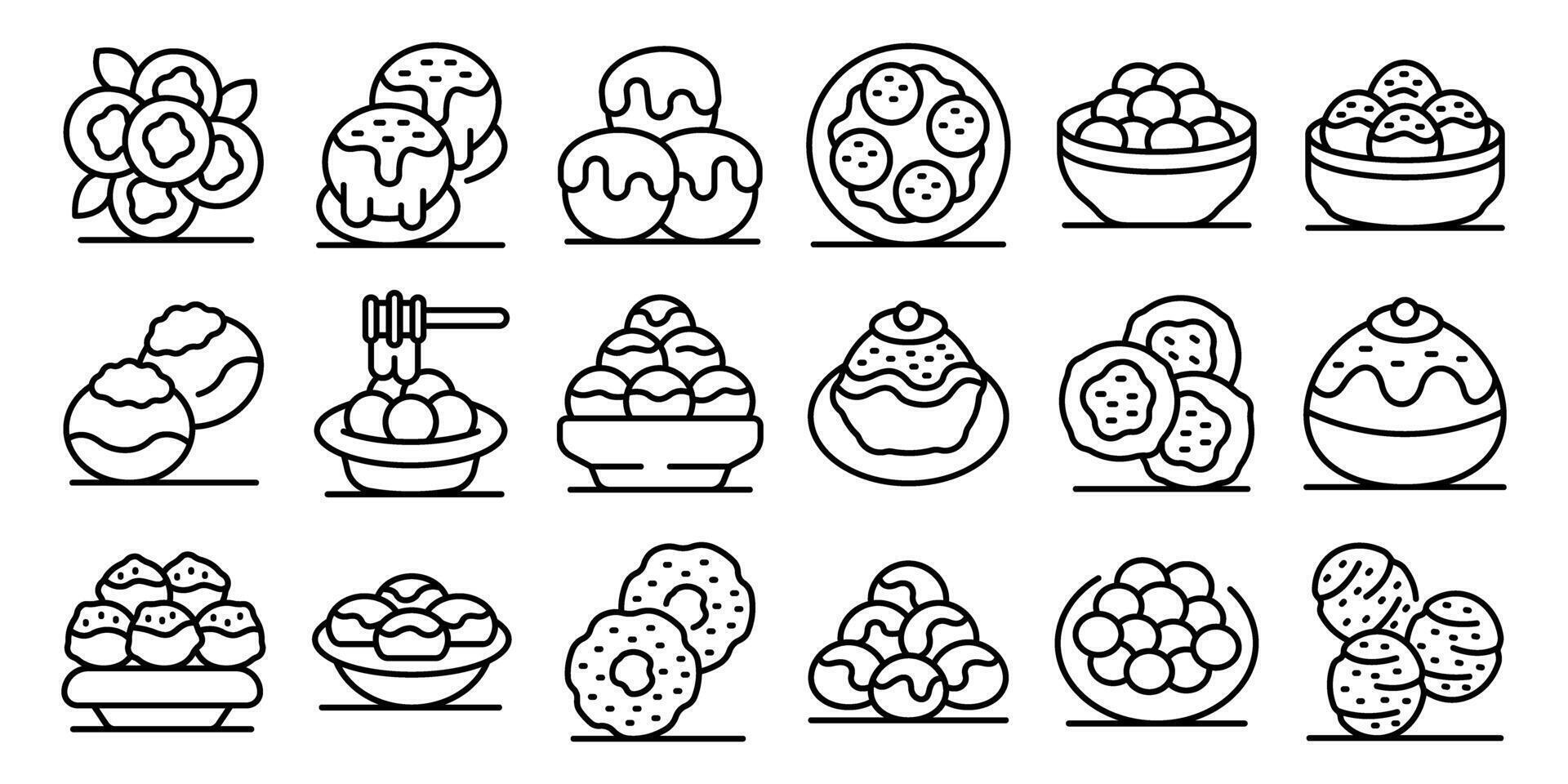 Greek loukoumades icons set. Delicious takoyaki balls being served in various styles with toppings and sauces vector