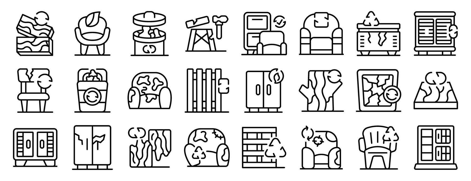 Recycled furniture icons set. Furniture recycling, giving old furnishings a new life through eco conscious practices vector