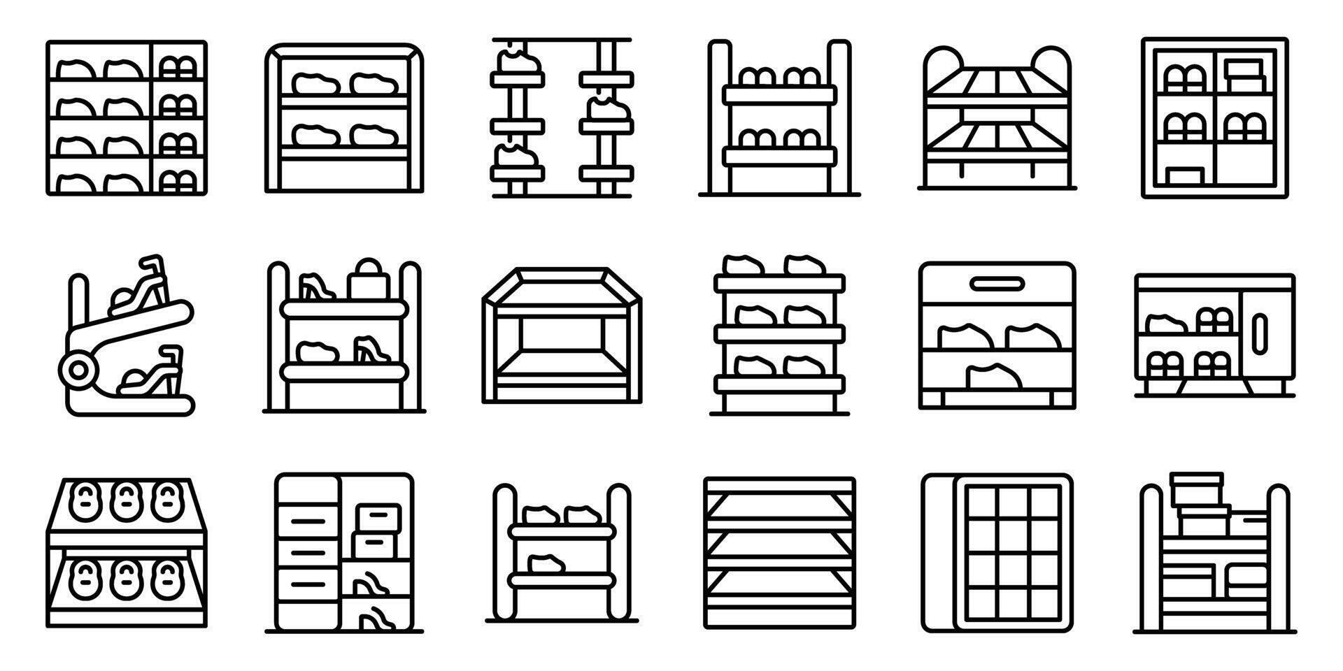 Shoe rack icons set. Supermarket shelves and display cases showing products for sale vector