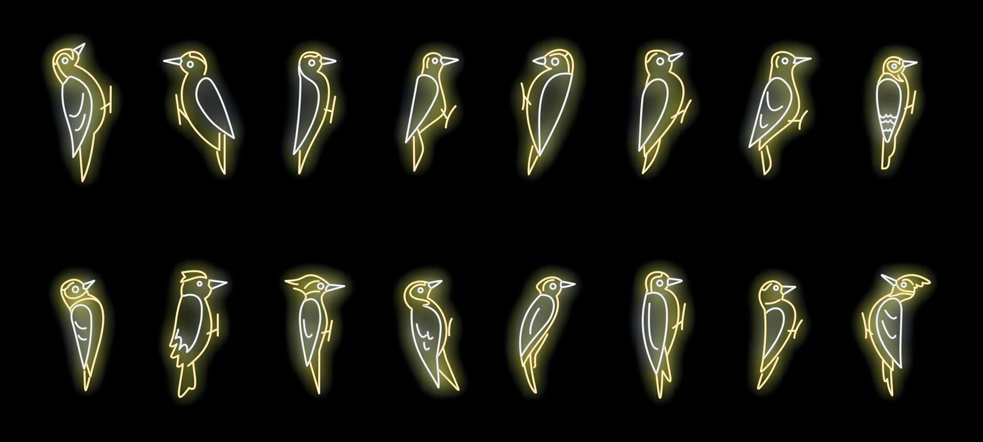 Neon woodpeckers pecking tree trunk icons set vector