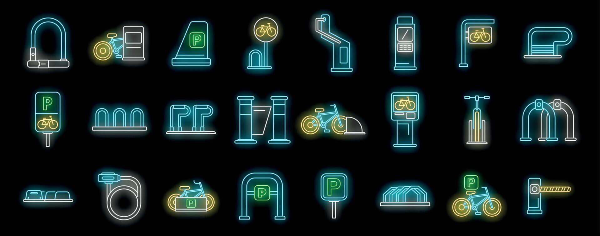 Bicycle parking neon icon set showing secure storage, public transport integration, and urban mobility solutions vector