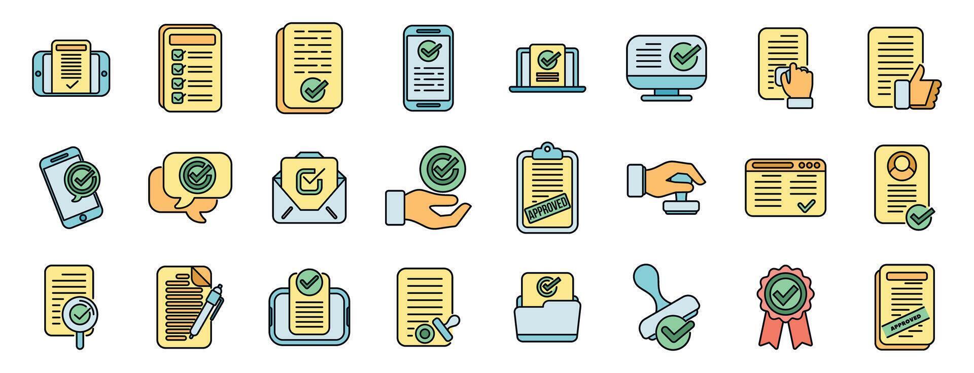 Collection of icons representing approval and verification processes vector