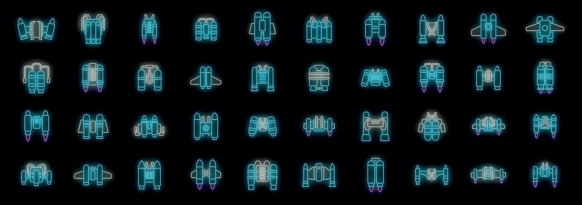 Neon jet pack icons showing personal aerial transportation and futuristic flight vector