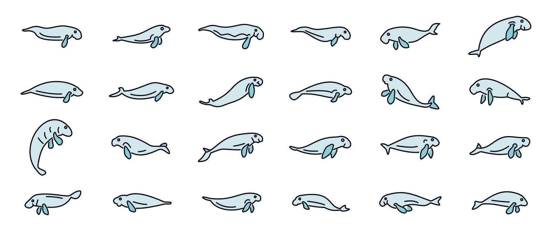 Collection of dugong poses swimming and floating gracefully in various styles vector