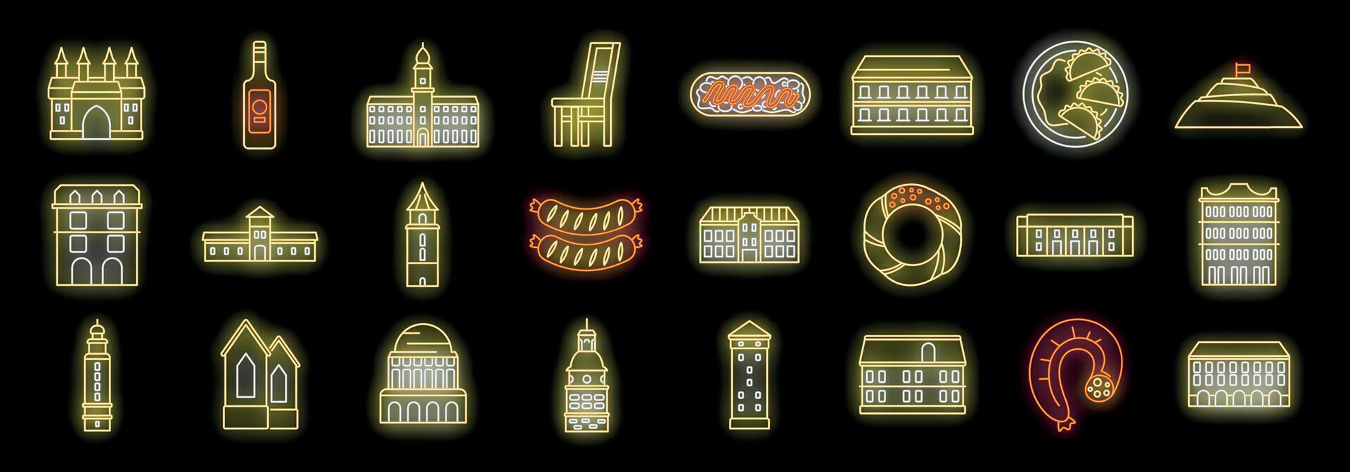 Vilnius neon icons representing lithuanian culture, food, and architecture vector