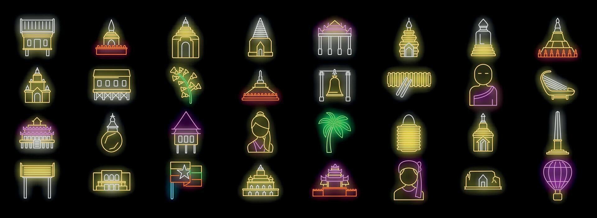 Myanmar glowing neon icons representing culture and religion vector