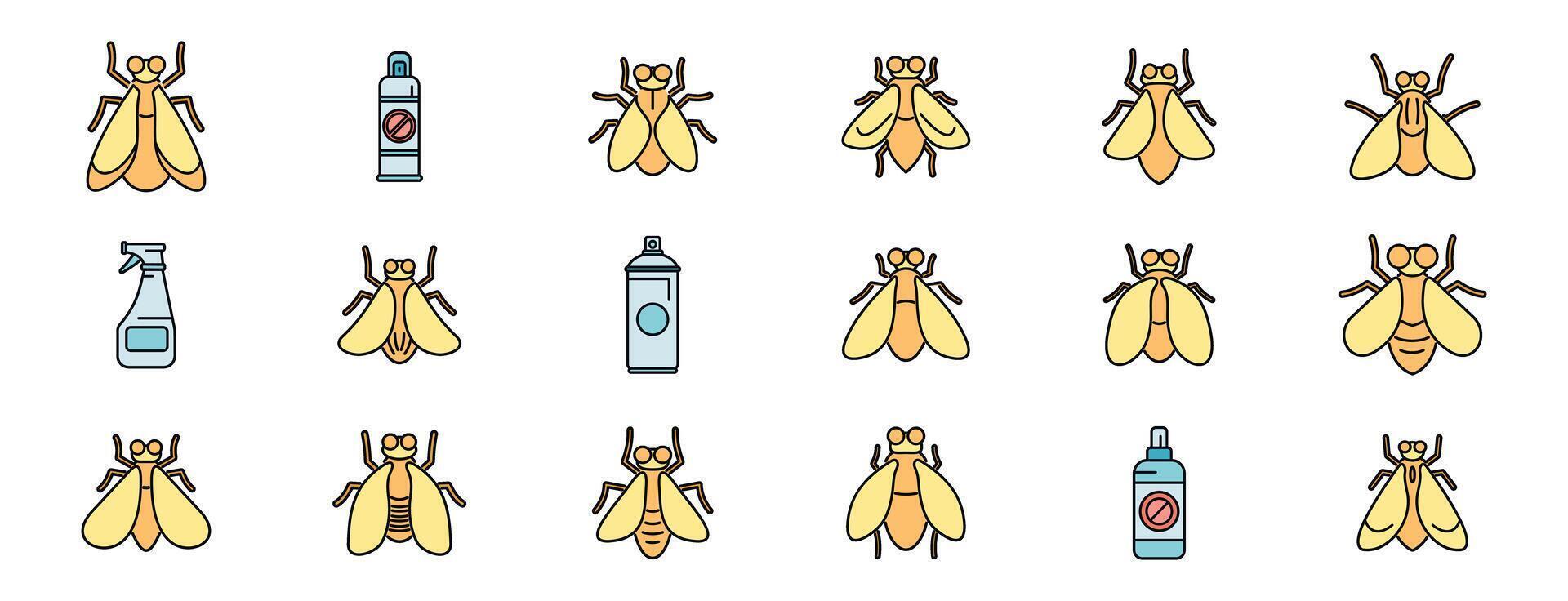 Flies and insecticides icons set for pest control and prevention vector