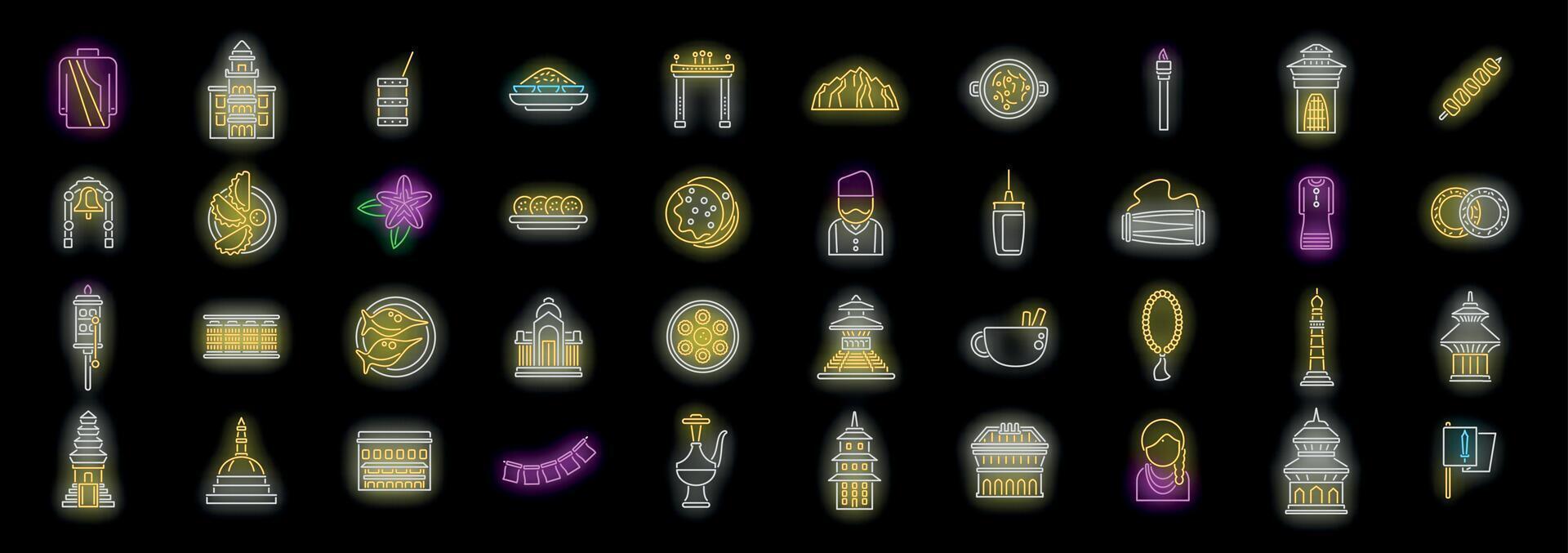 Vibrant neon icons representing nepali culture, cuisine, and architecture shining brightly vector