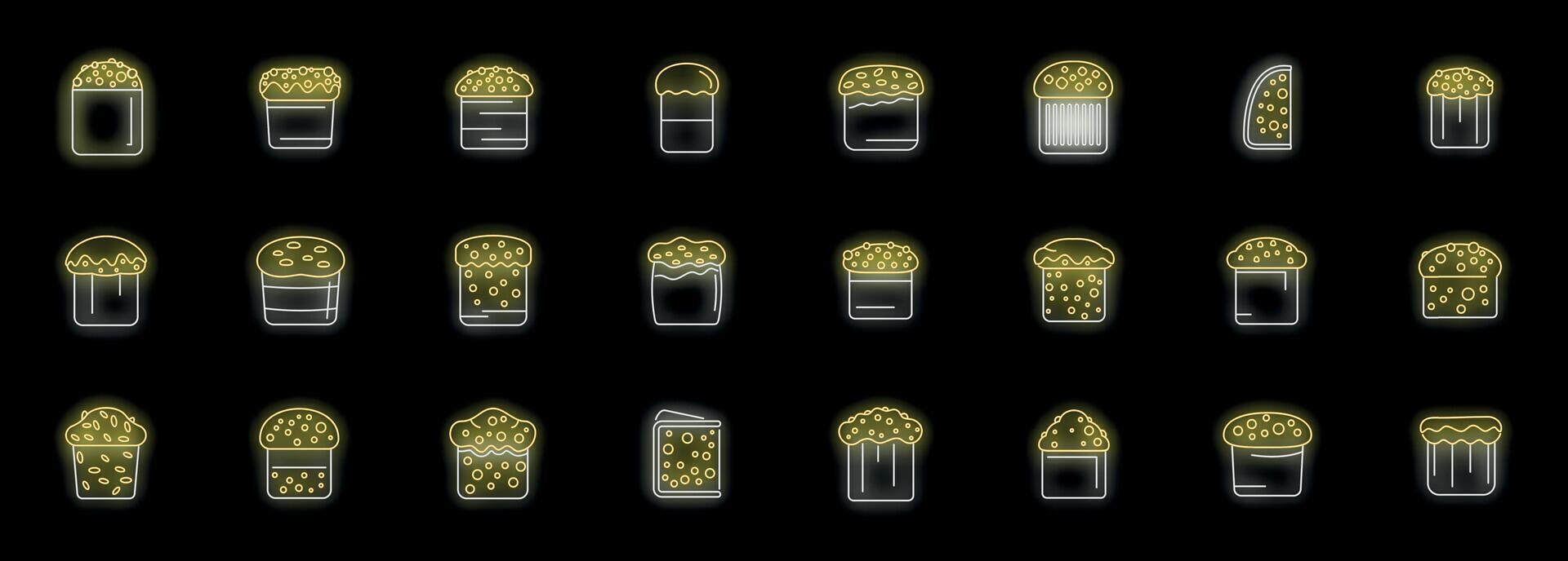 Easter cakes icons set, traditional kulich with icing and decoration, bright neon easter bread vector