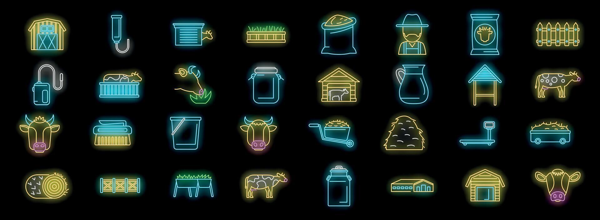 Neon icons representing cow farming, livestock care, and dairy production vector
