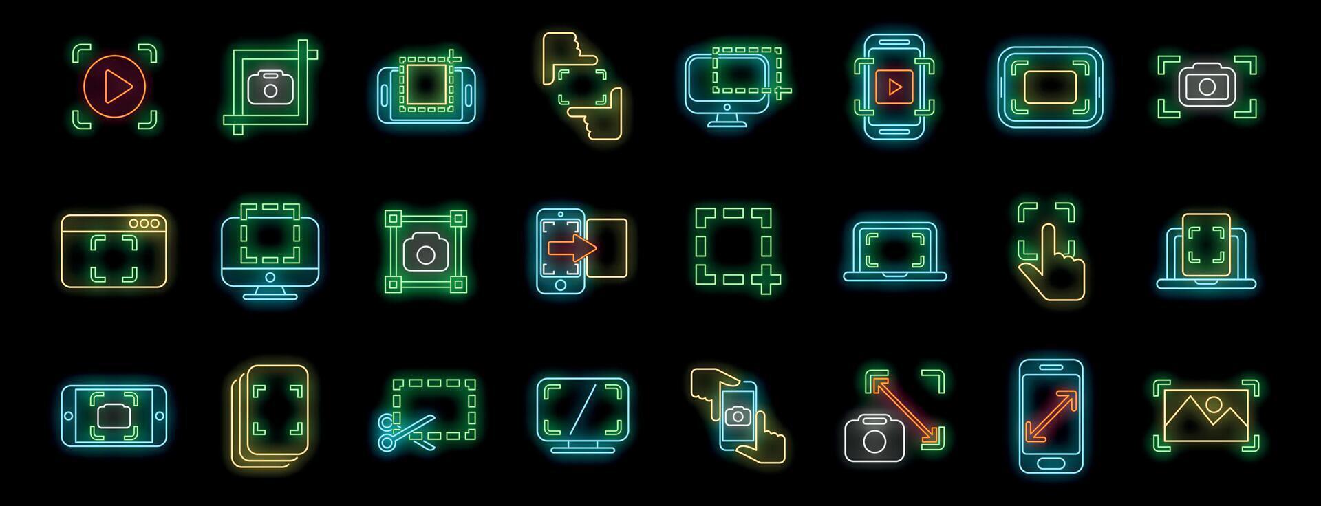 Neon icons representing cropping and resizing images and videos on various devices vector