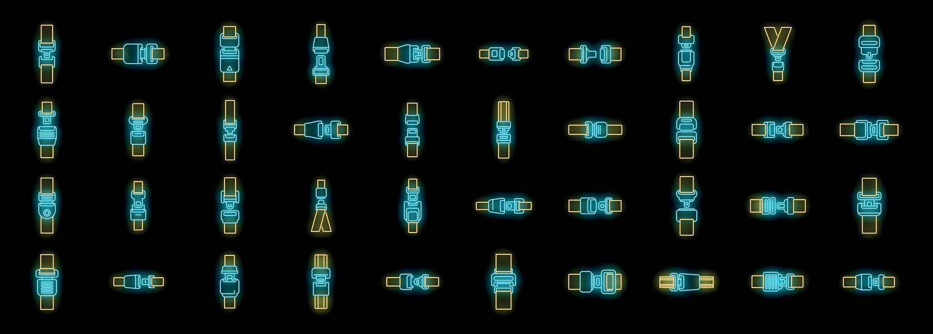 Set of seat belt buckle icons glowing neon style on black background vector
