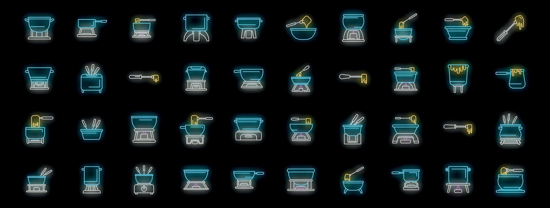 Fondue pot cooking on burner with dipping fork and cheese or chocolate icons set vector