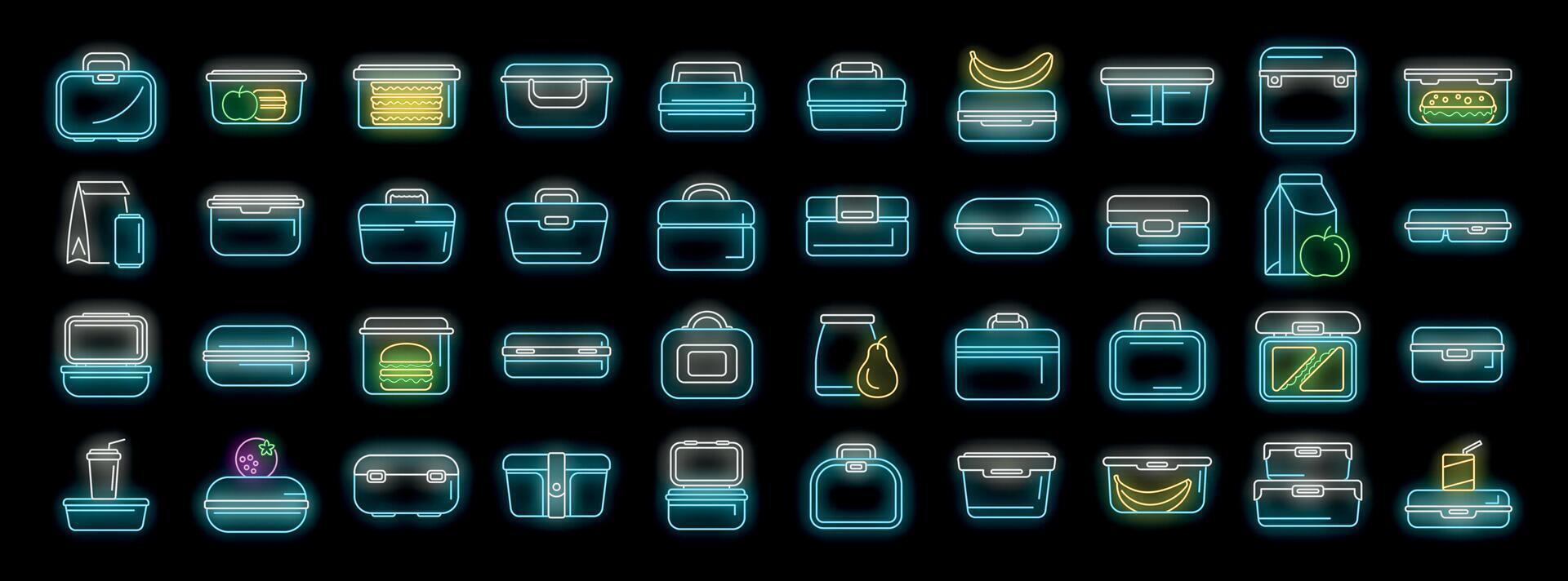 Lunchboxes icons set. Outline set of lunchboxes icons neon color on black vector