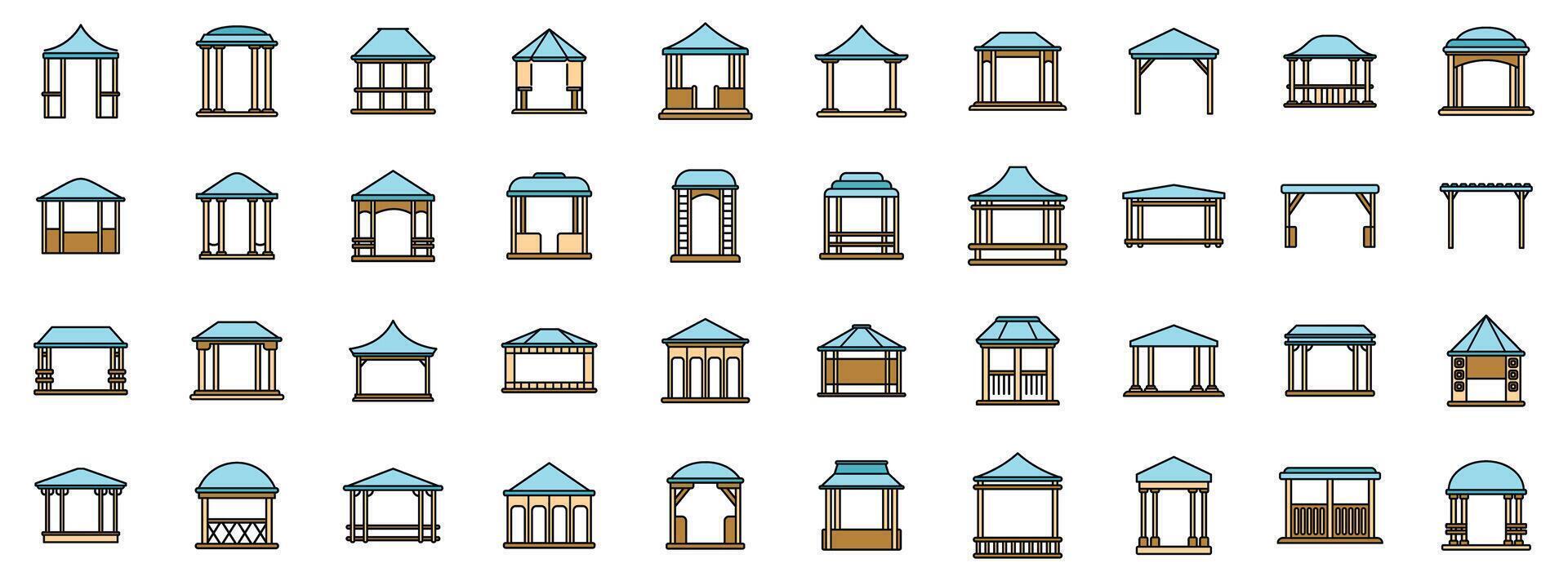 Gazebo icons set featuring various styles of outdoor structures for relaxation and shelter vector