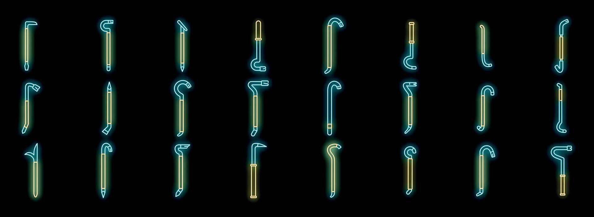 Neon crowbars glowing on black background, construction tools icons set vector