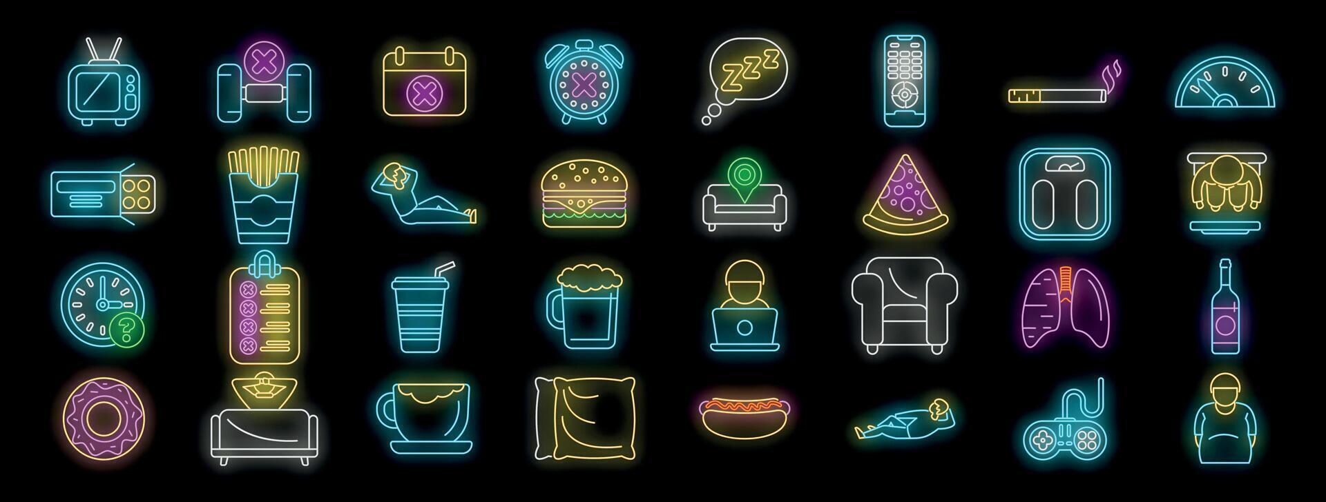 Sedentary lifestyle icons set with neon colors depicting unhealthy habits vector