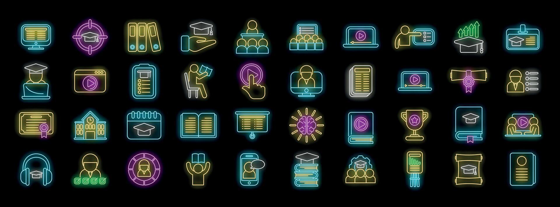 Neon icons representing online education, learning, graduation, and knowledge sharing vector