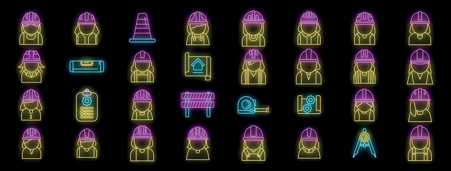 Neon outline icons of construction and engineering professions vector