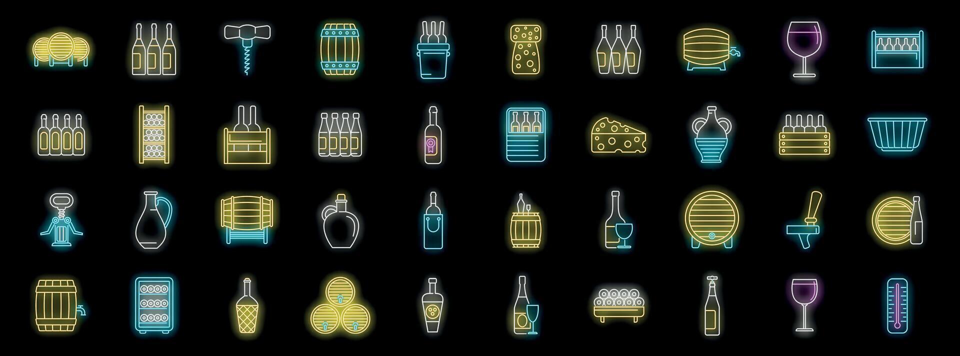 Winemaking neon icon set featuring wine bottles, barrels, wine coolers, and cheese vector