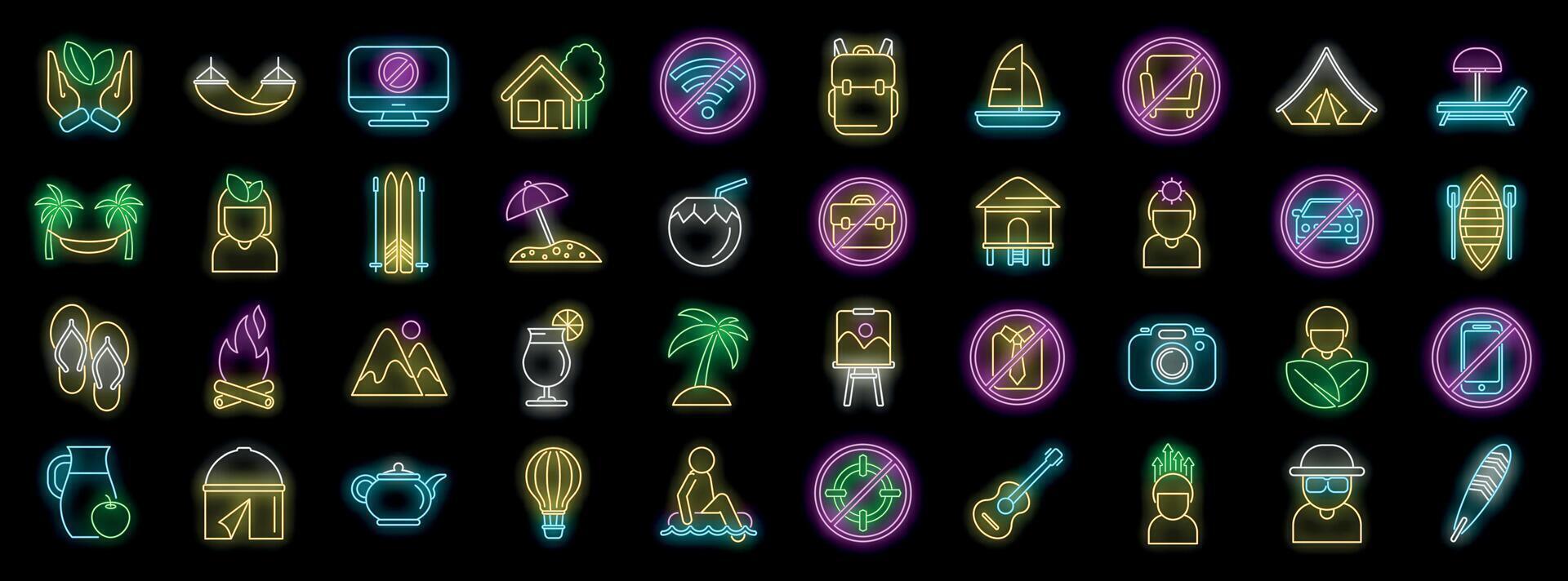 Neon icons representing vacation activities, relaxation, and digital detox lifestyle vector