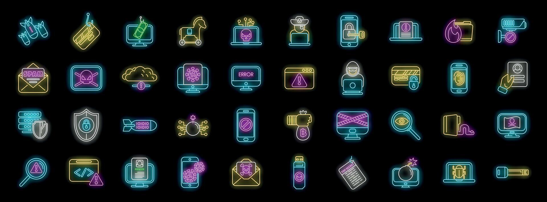 Cyber security threats and data protection in neon style, protecting digital information from various attacks vector