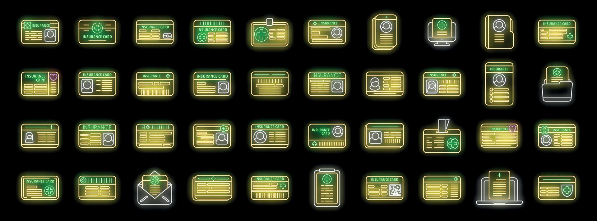 Neon insurance card icons representing healthcare coverage and protection vector