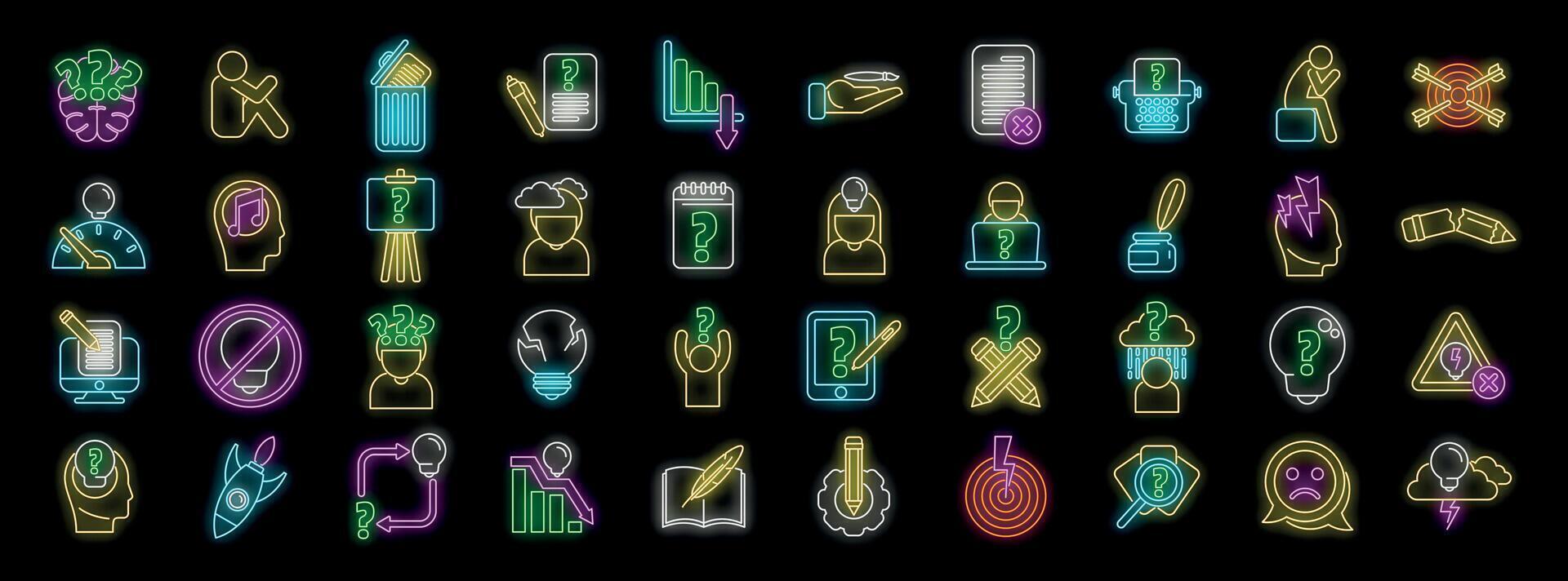 Neon icons representing lack of inspiration, procrastination, and creative block in work and study vector