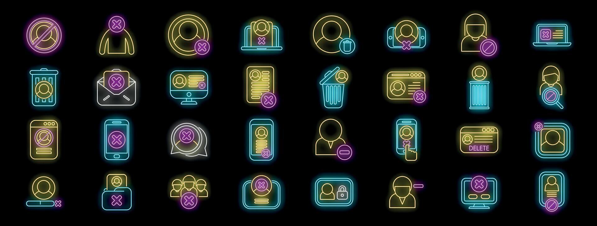 Neon remove user icons depicting deleting account or profile on various devices vector