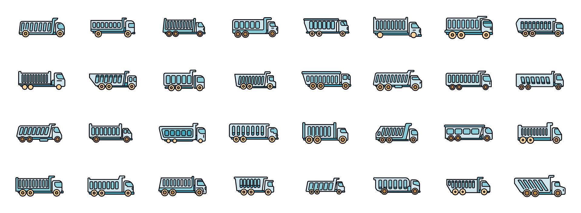 Dump trucks icons set showing different types of dumpers for construction and industrial use vector