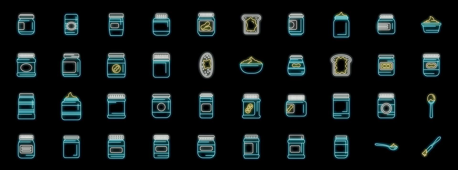 Peanut butter jars, toast and spoons glowing neon icons set vector