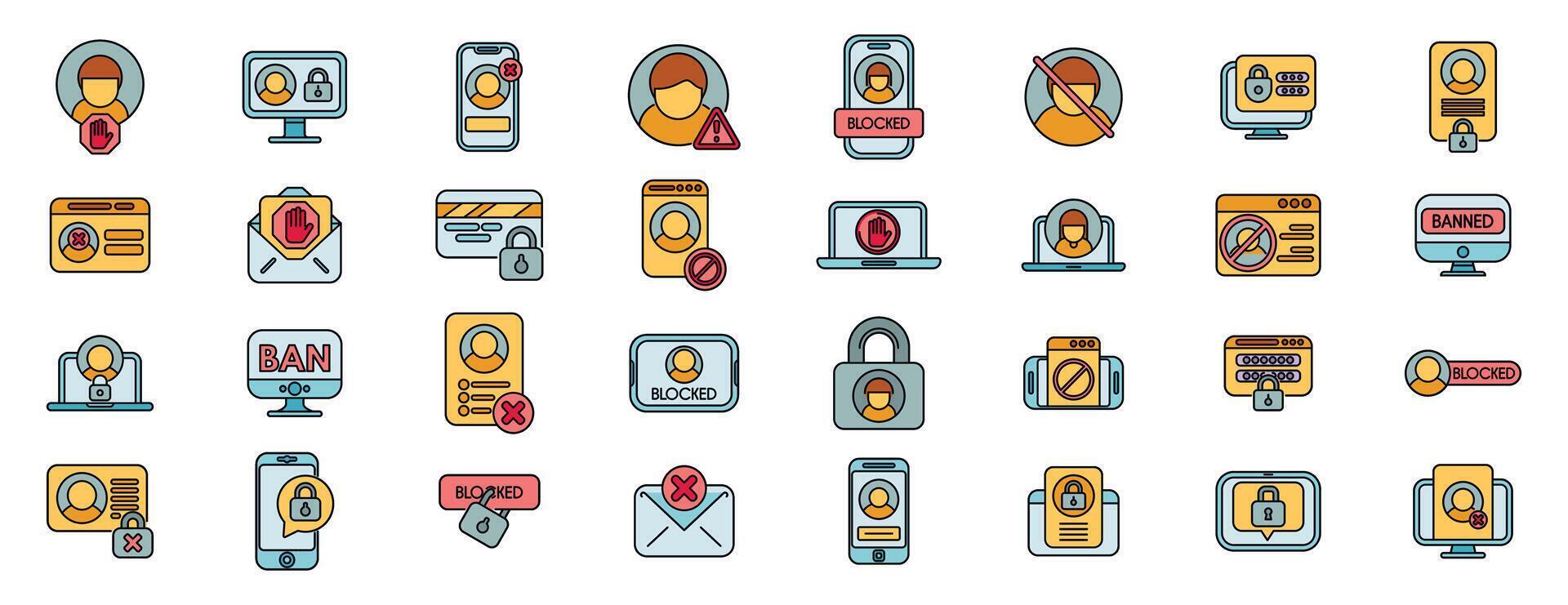 Blocked user icons depicting access restrictions and security measures vector