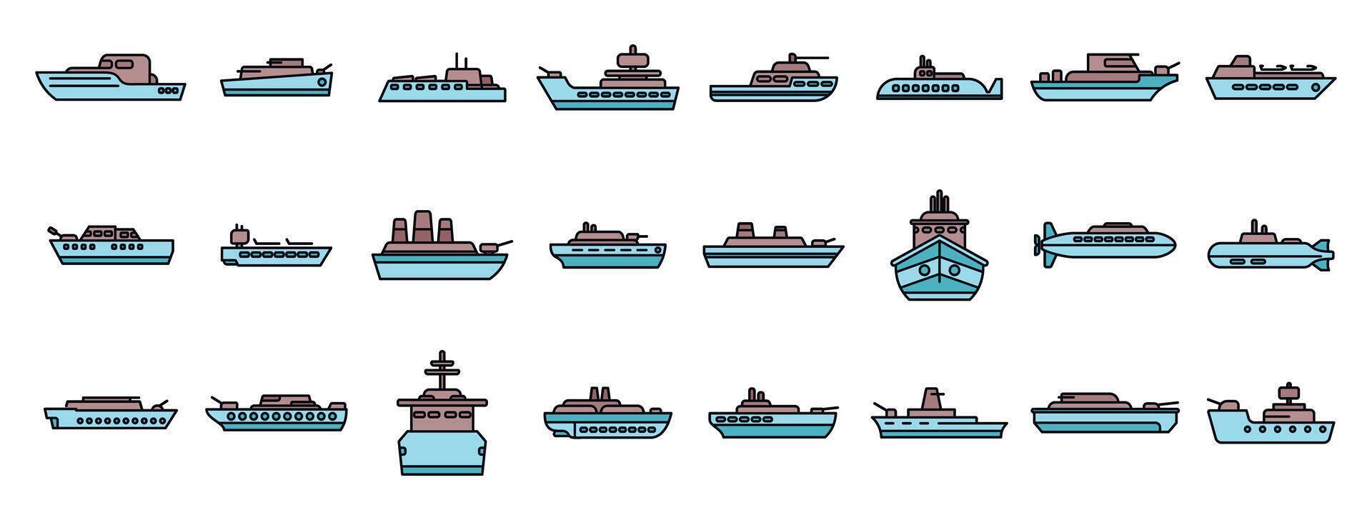Warships and naval vessels protecting maritime borders, a comprehensive set of icons vector