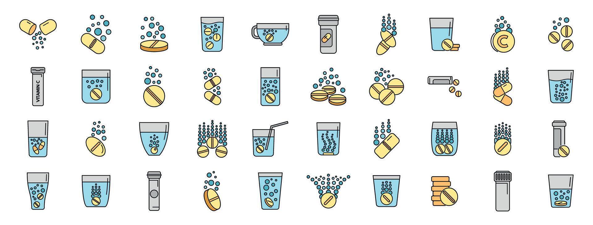 Effervescent tablets dissolving in water, vitamins and supplements icons set vector