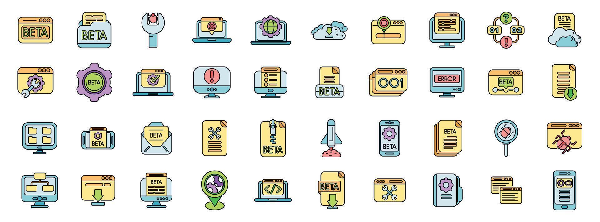 Collection of colorful beta testing icons for software development vector