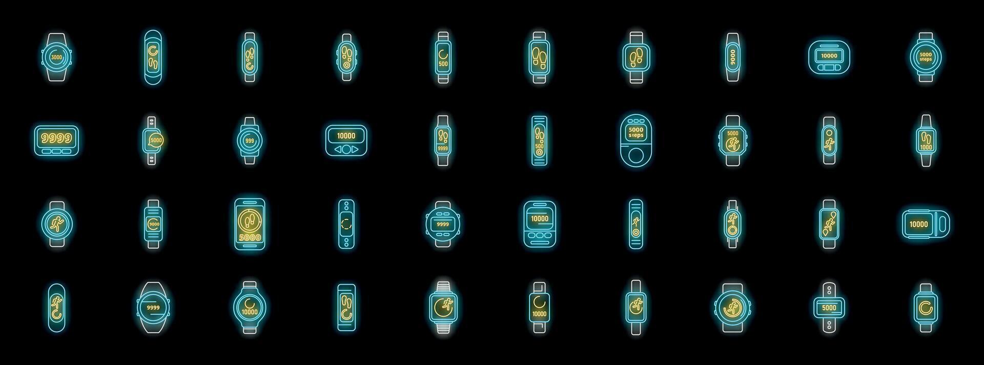 Neon smart watches icons showing time, steps, heart rate, and notifications on black background vector