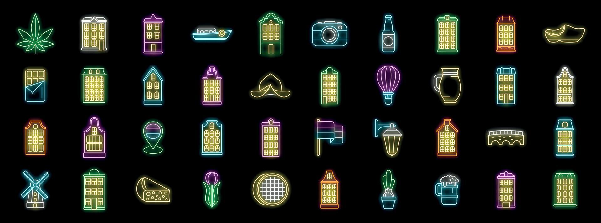 Netherlands neon icons featuring traditional houses, canals, and cultural symbols vector
