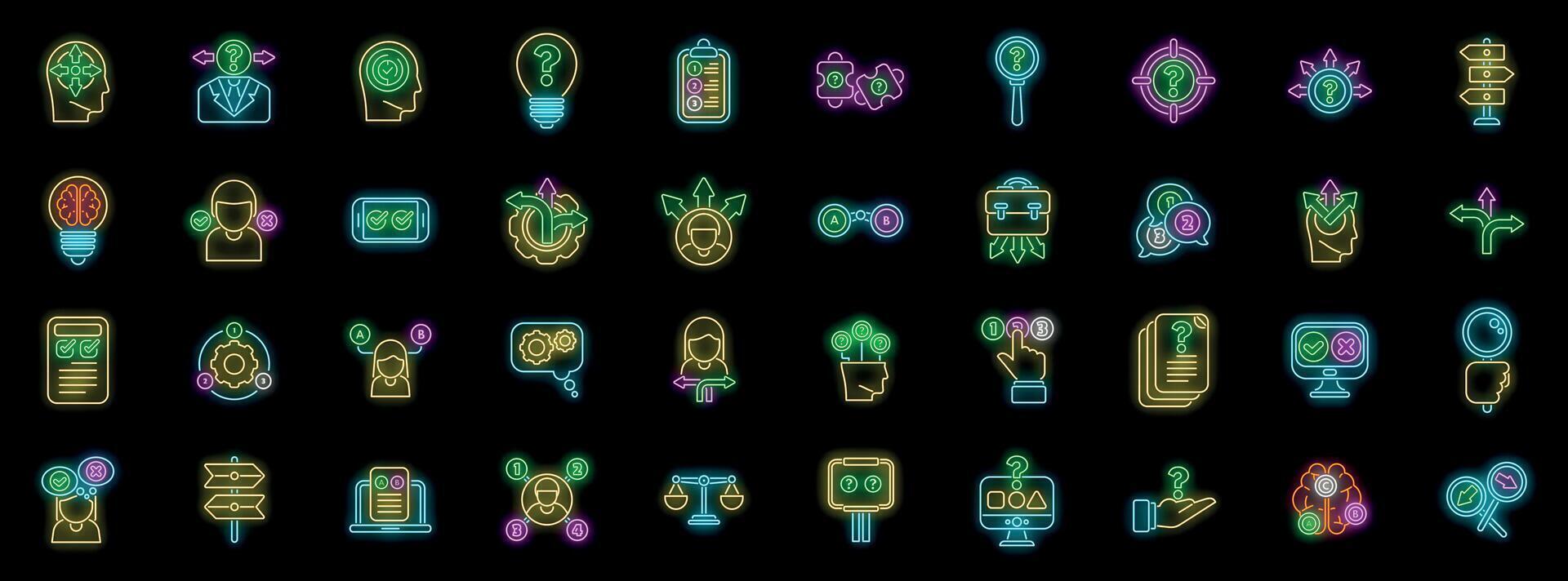 Neon icons representing decision making, problem solving, and critical thinking vector