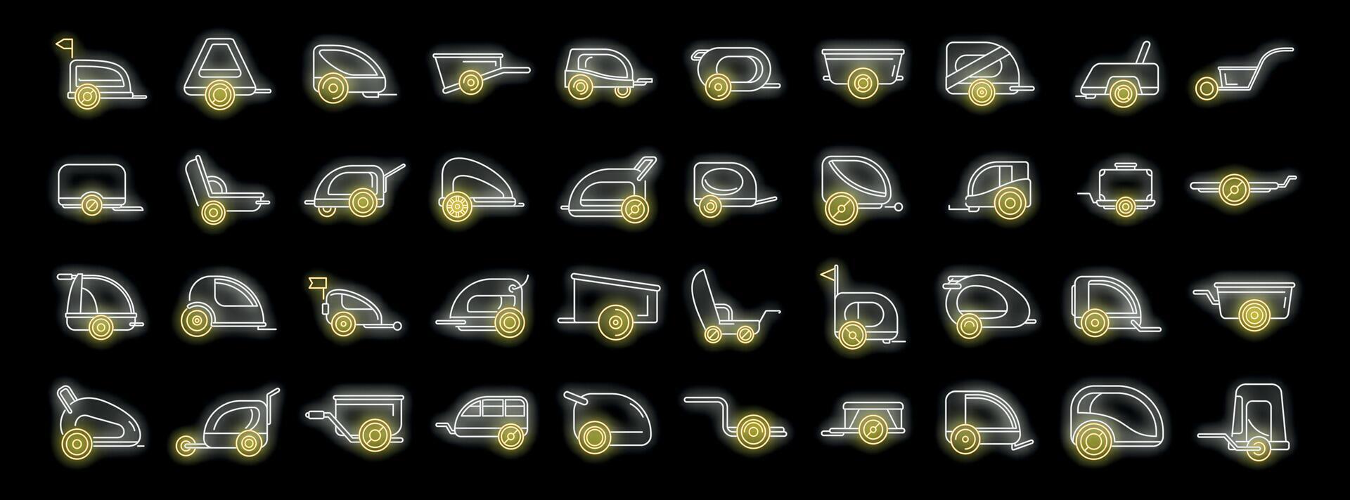 Neon trailer icons showing trailers for cars, trucks and bikes, including luggage trailers and wheelbarrows vector